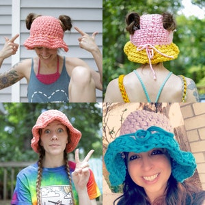 May include: Four images of handmade crochet hats in various colors. The hats have a wide brim and are worn by people. The hats are pink, yellow, and blue. The hats are a unique fashion accessory.