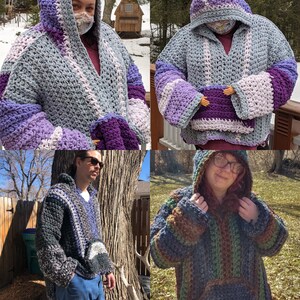May include: Four people are wearing colorful crocheted hooded sweaters. The sweaters are made with different colored yarns and have a variety of patterns.