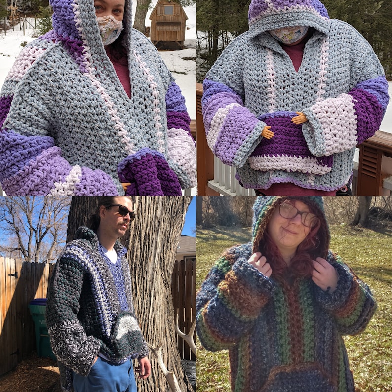 May include: Four people are wearing colorful crocheted hooded sweaters. The sweaters are made with different colored yarns and have a variety of patterns.