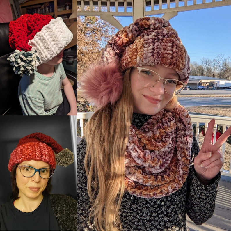 Op de afbeelding: Een vrouw draagt een roze en bruine gebreide muts en bijpassende sjaal. De muts is slouchy en de sjaal is een lange oneindige stijl. De vrouw draagt een bril en heeft lang bruin haar.