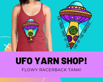 UFO Yarn Shop Women's Racerback Tank, Crochet themed apparel, Gift for crocheters, Gift for Knitter