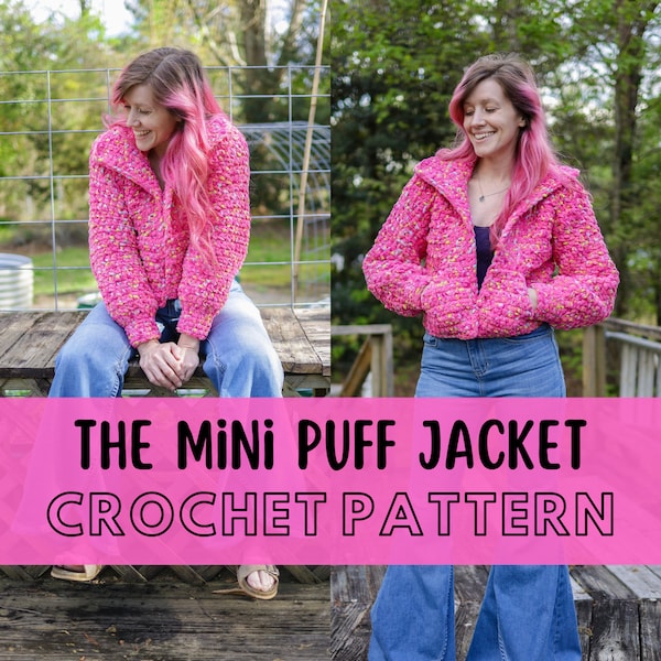 Simple Super Chunky Crochet Jacket Pattern, Beginner Friendly, Size Inclusive Jumbo XL Bulky Cardigan with Pockets, Mini Puff Jacket