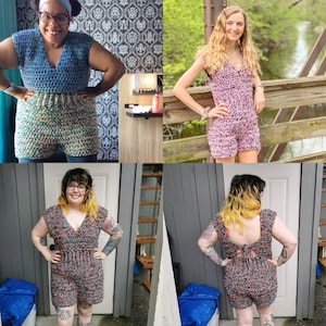 May include: Four women wearing crocheted tops. Two of the tops are blue and white, and two are pink and white. The women are standing in different locations, some indoors and some outdoors.
