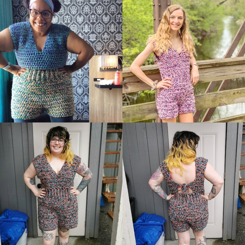 May include: Four women wearing crocheted tops. Two of the tops are blue and white, and two are pink and white. The women are standing in different locations, some indoors and some outdoors.
