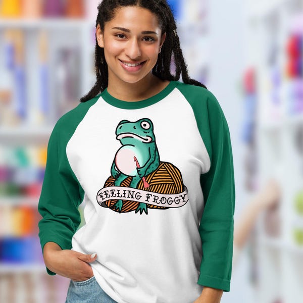 Feeling Froggy Crochet Tattoo Baseball Tee, 3/4 sleeve raglan shirt, Gift for Crocheter