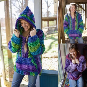 May include: A colorful crocheted hooded sweater with a large pocket in the front. The sweater is made with a variety of shades of purple, green, and blue yarn.