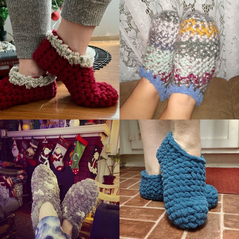 May include: A collection of colorful crocheted slipper socks. The slippers are made with a variety of textures and colors, including blue, red, gray, and white.