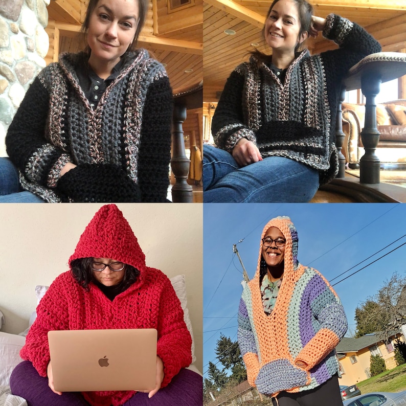 May include: Four people wearing different crocheted hooded tops. The tops are in various colors, including red, blue, purple, and orange. The tops are all made with a chunky yarn and have a loose, relaxed fit.