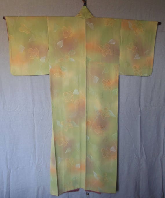Vintage Japanese Silk Kimono Green Floral Figured… - image 3