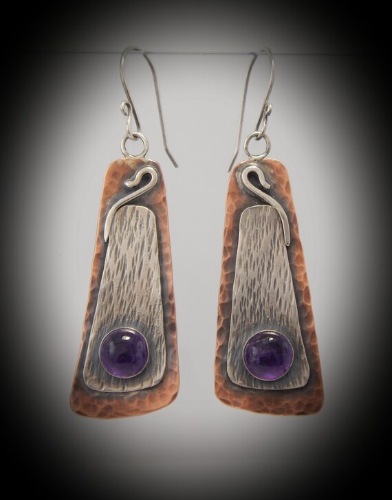 Handmade silver and copper earrings, adorned with amethyst and patinated