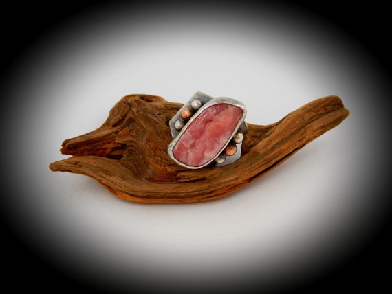 Sterling silver ring (925) and copper, adorned with rhodonite, patinated
