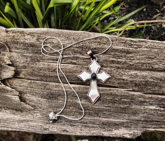 C-152 silver chain necklace with charm mixed metal cross and bailed onyx, free shipping / Free Shipping
