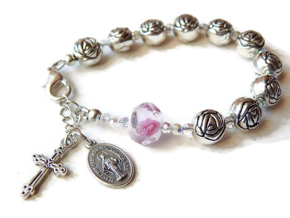 8 Inches Long Silver Tone Metal Rosebud Design Catholic One Decade Rosary Bracelet with Miraculous Medal Back Design and Charm and Crucifix Cross Pendant