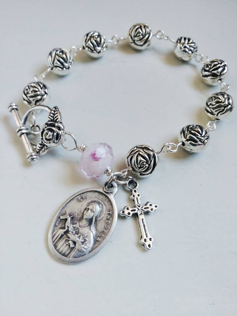 St Joseph gemstone single decade rosary bracelet, Miraculous medal