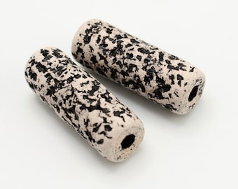 Ceramic tubes black white spotted 23 mm 2 pieces long patterned tubes black ceramic beads with spots statement beads center piece