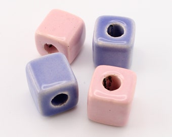 Ceramic cubes light blue pink enamel 15 mm 4 pieces square Greek ceramic beads blue beads 10 mm beads ceramic cubes pink enamel beads