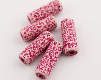 Ceramic tubes pink white spotted 23 mm 5 pieces long patterned ceramic beads with spots