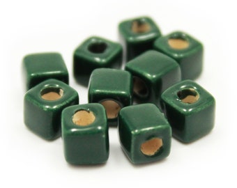 ceramic beads ceramic cube 5 mm dark green 10 piece enamel pottery bead green beads 5 mm beads ceramic cubes enamel beads square beads