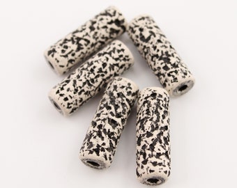 Ceramic tubes black white spotted 23 mm 5 pieces long patterned ceramic beads with spots statement beads