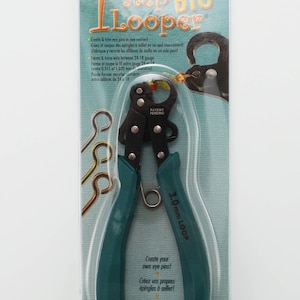 May include: A Beadsmith 1-step Big Looper tool in teal and black, packaged on a card. The tool features a 3.0mm loop size, designed to create and trim eye pins from 24-18 gauge wire in one motion. The packaging includes instructions and illustrations.