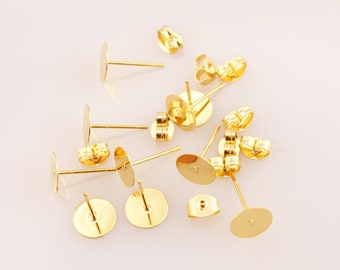 Stud earrings 8 mm blanks gold-plated 10 pieces stainless steel earrings make yourself plug with clasp for gluing