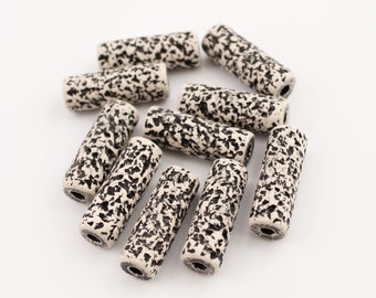 Ceramic tubes black white spotted 23 mm 5 pieces long patterned ceramic beads with spots statement beads