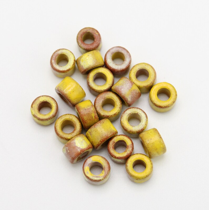 Ceramic cylinder lemon spotted 6 mm 20pcs ceramic beads yellow 6 mm tube beads tube beads 6 mm greek round beads mykonos beads spacer image 2