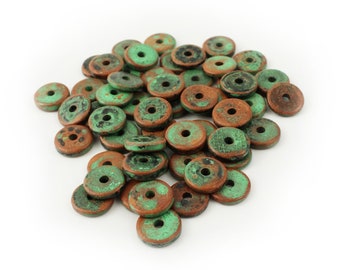 Ceramic discs green spotted 13 mm 55 pieces, Heishi ceramic beads round brown washers patterned spacer beads