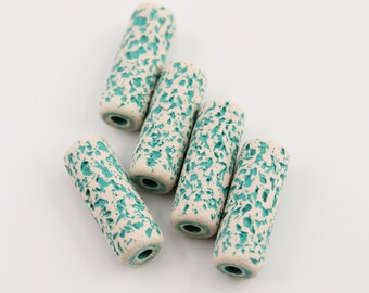 Ceramic tubes aqua white spotted 23 mm 5 pieces long patterned ceramic beads with spots green statement beads