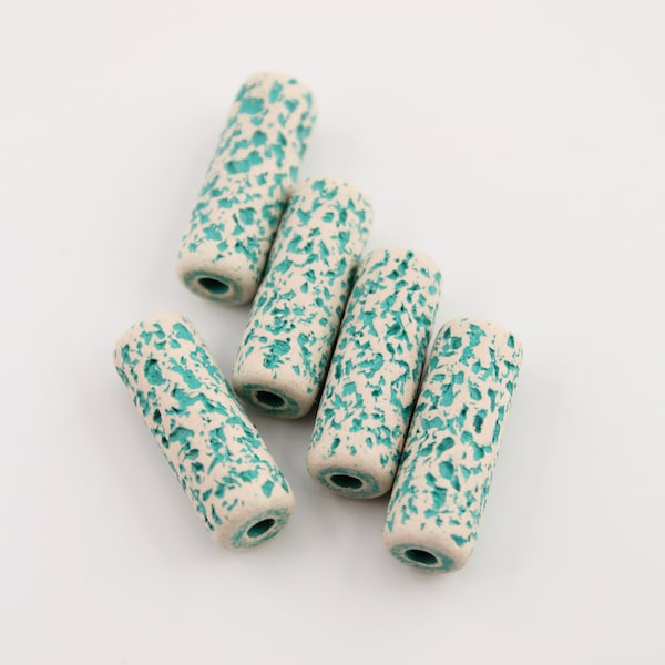 Ceramic tubes aqua white spotted 23 mm 5 pieces long patterned ceramic beads with spots green statement beads