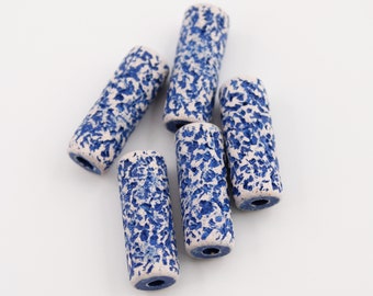 Ceramic tubes blue white spotted 23 mm 5 pieces long patterned ceramic beads with spots
