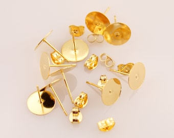 Stud earrings 10 mm blanks gold plated 10 pieces stainless steel earrings make yourself plug with clasp for gluing