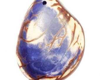 Tagua disc blue, 40 mm, 1 piece, pendant, spot pattern, oval pendant, tagua pendant, teardrop shape, marbled, exotic bead