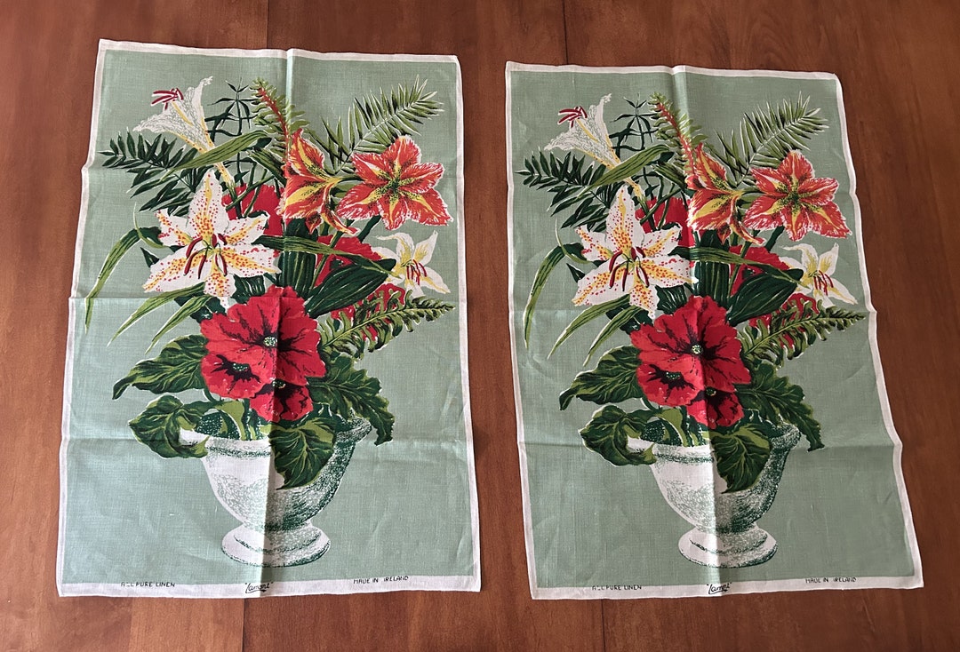 Cottage Core Lamont Irish Linen Floral Tea Towel Vintage Botanical Hand