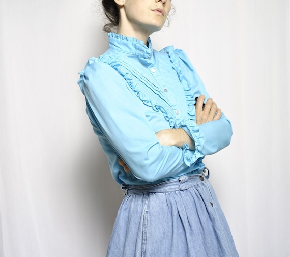 VINTAGE Parallel Lines // Baby Blue Ruffled Blouse