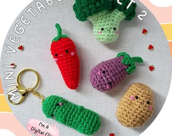 Häkelanleitung - Niedliche Mini Gemüse Anhänger Set 2 - Brokkoli Chili Aubergine Kartoffel Gurke