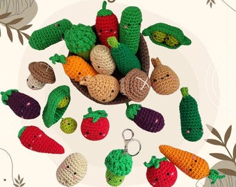 Cute Mini Vegetable Keyrings Mushroom Carrot Peas Chili Pepper Egg Plant Cucumber Potato - Crochet Amigurumi Gift