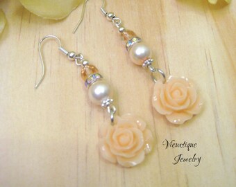 Rose Earrings, Floral Earrings, Pastel Earrings, Peach Earrings, Peach Jewelry, Floral Jewelry, Spring Jewelry, Summer Jewelry
