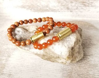 Pulsera de bala elástica con cuentas de latón de 9 mm con cuentas de piedra.