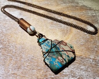 9mm Bullet Casing genuino Jasper piedra rebanada colgante-azul/cobre