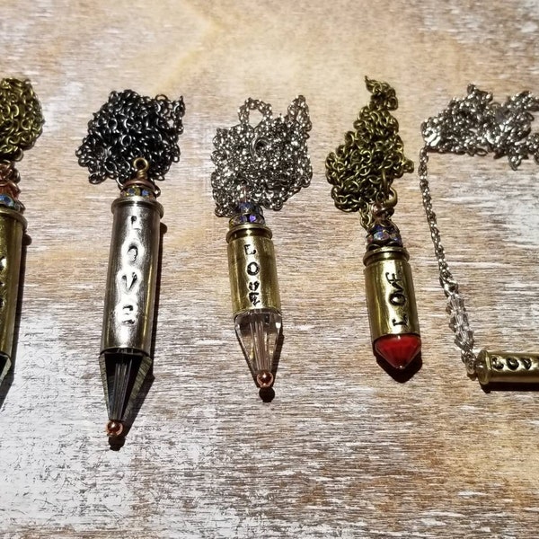 Hand stamped LOVE Bullet Casing Pendant Necklaces