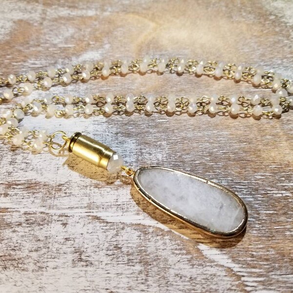 357 Sig Bullet Casing Necklace with Genuine Stone Pendant and Beaded Chain - Clear or White Beads