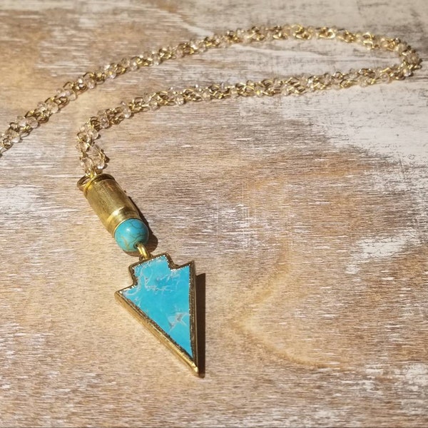 357 Sig Brass Arrow Bullet Casing Necklace with Genuine Blue Stone Slice Pendant and Beaded Chain
