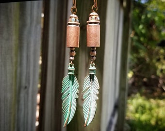 Pendientes de plumas de 9 mm - Cobre / Verde