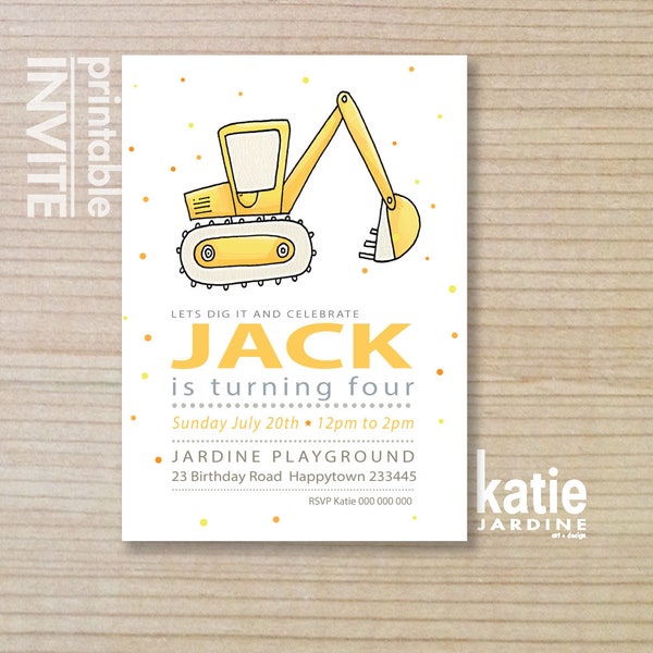 digger  - kids invitation - boys invitation  - childrens invitation -  printable invitation - earthworks - yellow digger