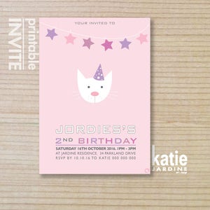 kids invitation printable invitation girls invitation cat invitation cat party girls invite pussy cat pink aqua white image 1