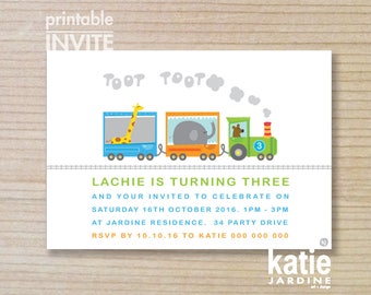 kids invitation - boys invitation  - Train invitation - train - childrens invitation -  printable invitation - zoo animals - landscape