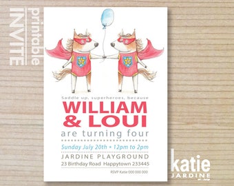 TWIN HORSE  party invitation - kids invitation  - printable invitation - kids party - pony - balloon - portrait - 5x7 - superheros x 2