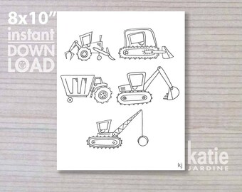 colouring in - printable colouring in - downloadable - instant colouring in - diggers - dump truck -  8x10"