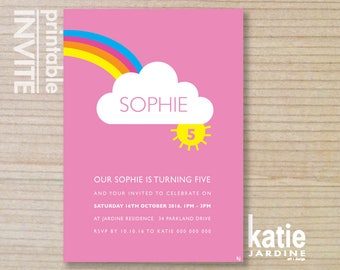 kids invitation -  girls invitation - rainbow invitation - printable invitation - Half rainbow, cloud, sun - hot pink, purple, blue